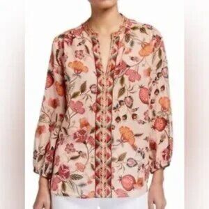 Johnny Was Blouse Tunic Boho Pink Paris Effortless Floral Aztec Embroidery SMALL